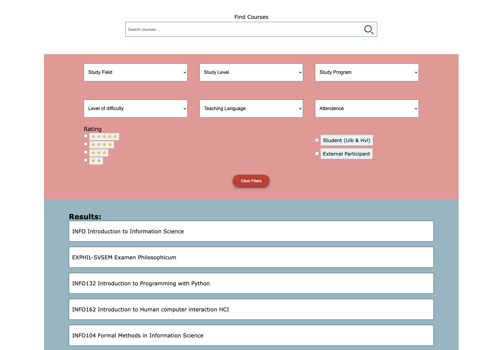 My Platform course filtering interface